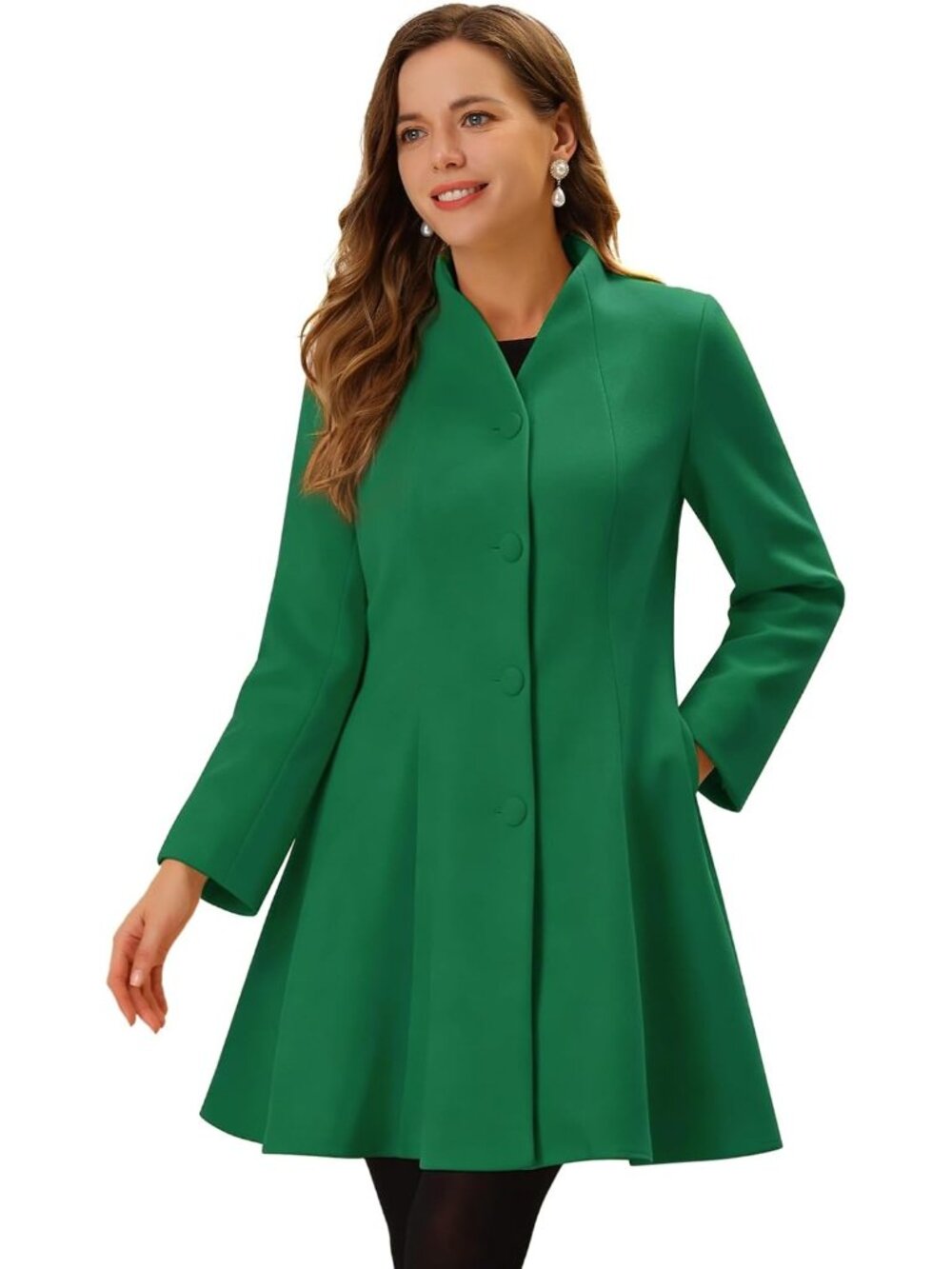 Women's Green Single Breasted A Line Mid-Long Winter Long Sleeve Pea Trench Coat